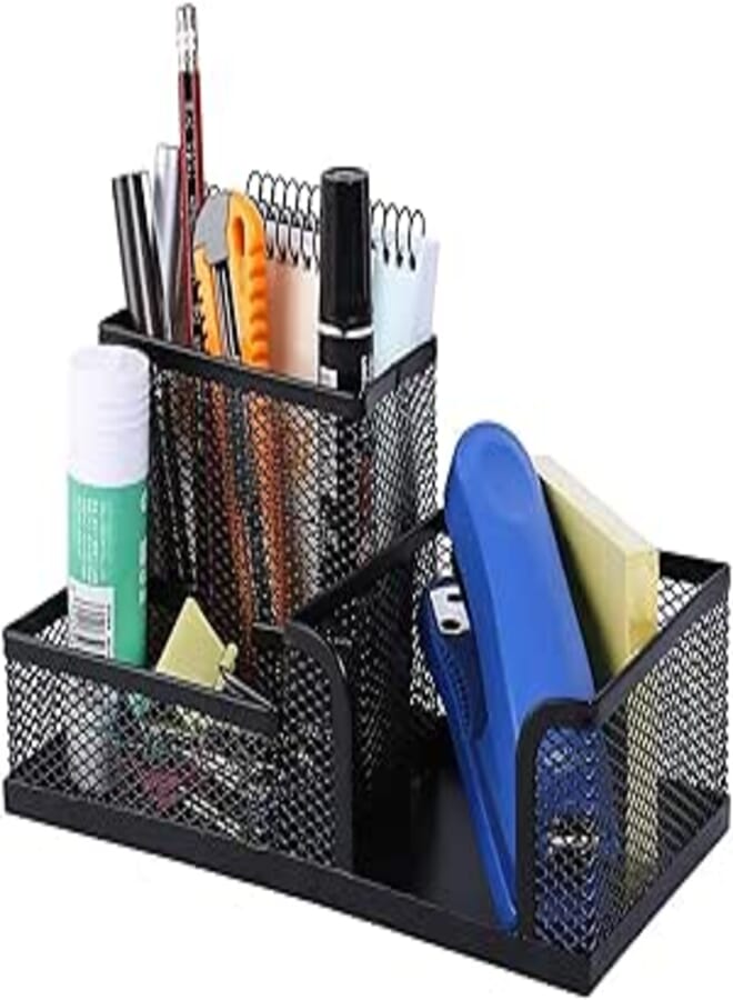 Divinext 3 Compartment Metal Mesh Desk Organizer, 8 x 3.8 x 4 inches, Black